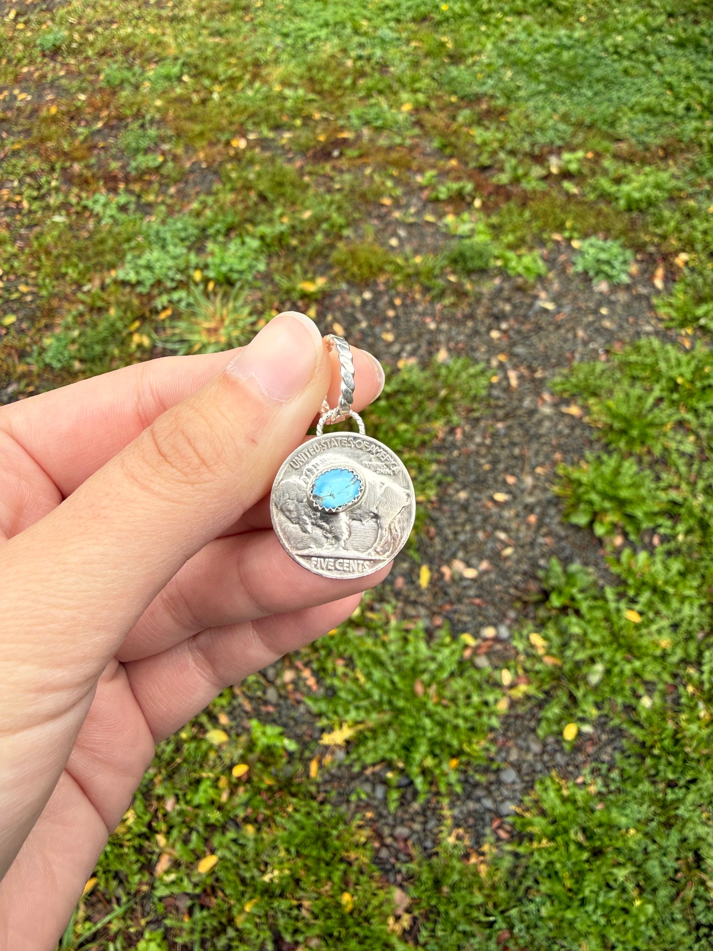 Buffalo coin pendant with golden hills
